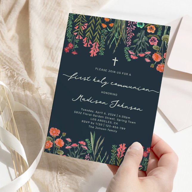 Convites Azul-escuro de flor selvagem Primeira Comunhão San (Wildflower dark blue First Holy Communion Invitation)