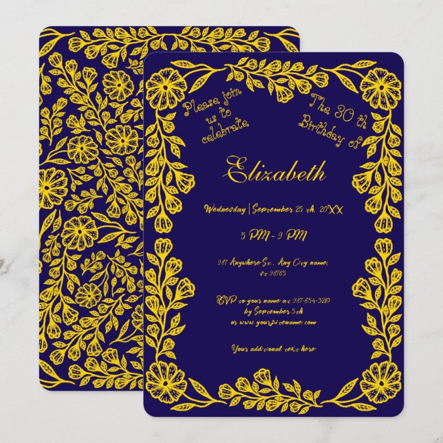 Convites Azul escuro e aniversário de 30 anos botânico Dour (Frente/Verso)