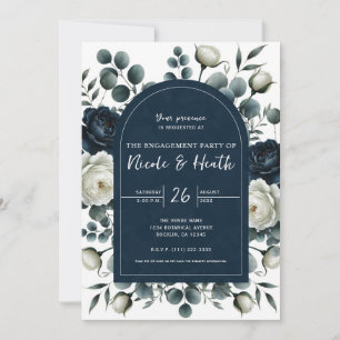 Convites Azul Escuro e Branco Moderno Floral de Noivado