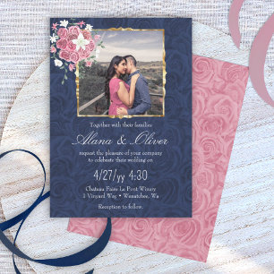Convites Azul Escuro e Rosa Mauve, Casamento de Moldura Dou