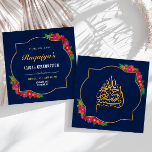 Convites Azul Escuro Floral Bebê Menina Aqiqah