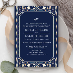 Convites Azul Escuro Ikat Anand Karaj Casamento Sikh