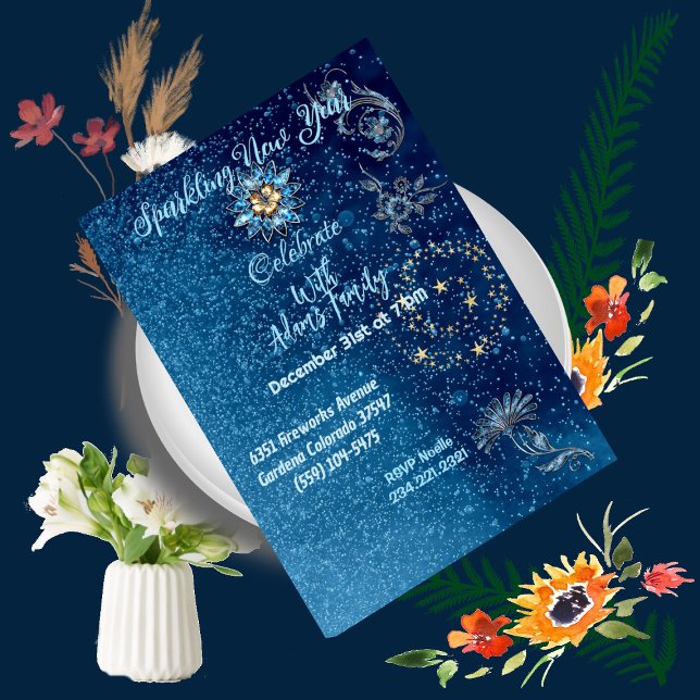 Convites Azul Espumante Ano Novo Estrelas de Brilho Festa F (Blue Sparkling New Year Glitter Stars Floral Party Invitation)