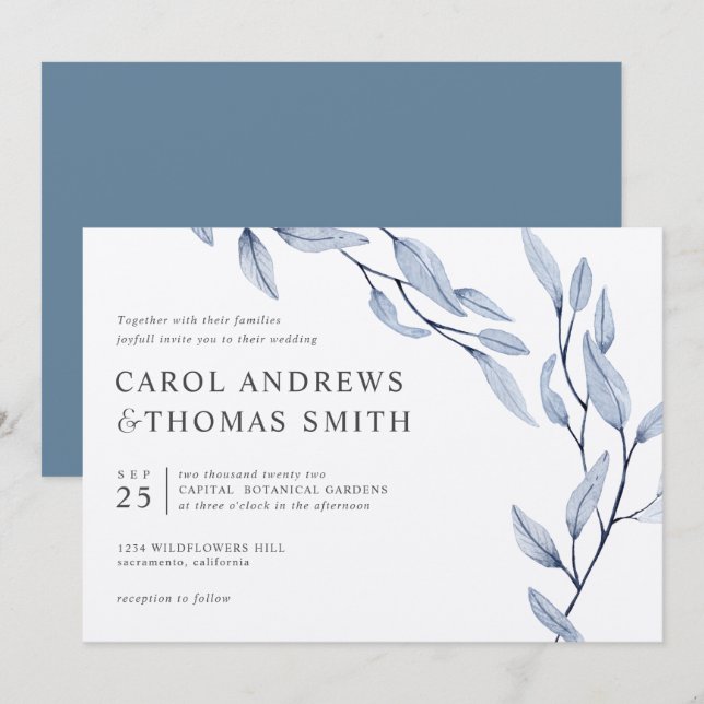 Convites Azul etéreo | Casamento Chic Botanic Leaves (Frente/Verso)