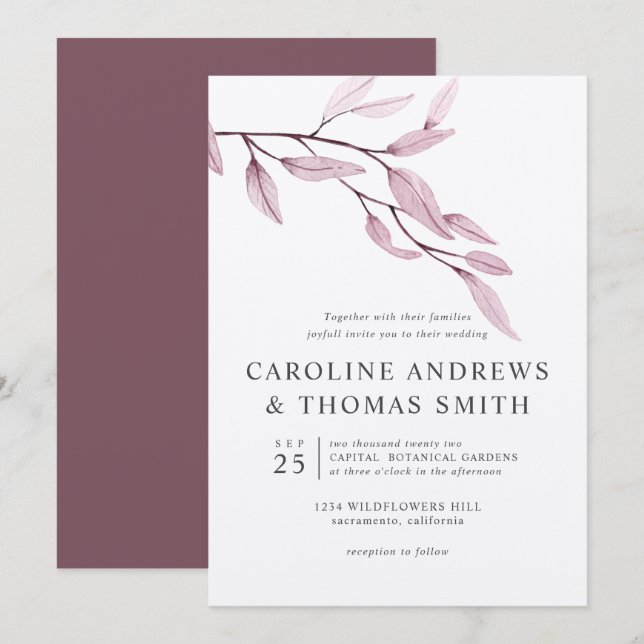 Convites Azul etéreo | Casamento Chic Botanic Leaves (Frente/Verso)