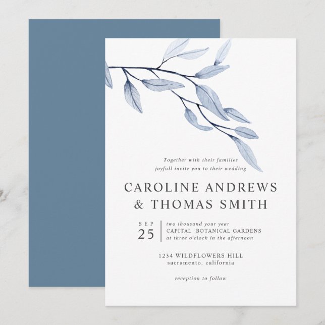 Convites Azul etéreo | Casamento Chic Botanic Leaves (Frente/Verso)