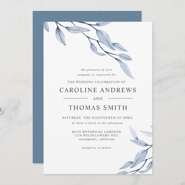 Convites Azul etéreo | Casamento de Folhas Botânicas Elegan (Frente/Verso)