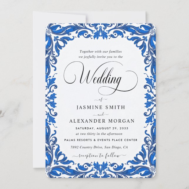 Convites Azul Florais Flores Casamento Simples (Frente)