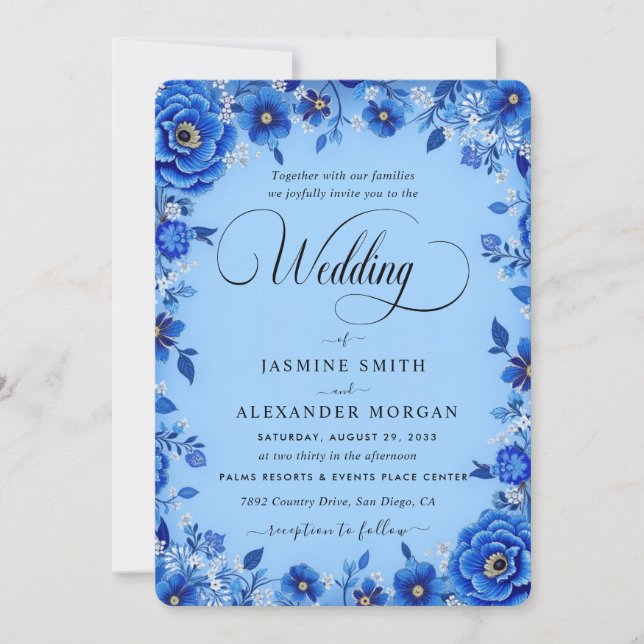 Convites Azul Florais Flores Casamento Simples (Frente)