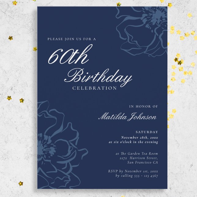Convites Azul Floral 60ª Festa de aniversário (Blue Floral 60th Birthday Party Invitation)