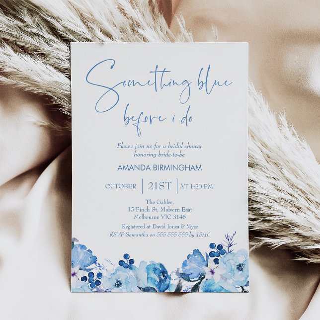 Convites Azul Floral Algo Azul Chá de panela (Something Blue Bridal Shower Invitation, Blue Floral Something Blue Before I Do Bridal Shower Invite)