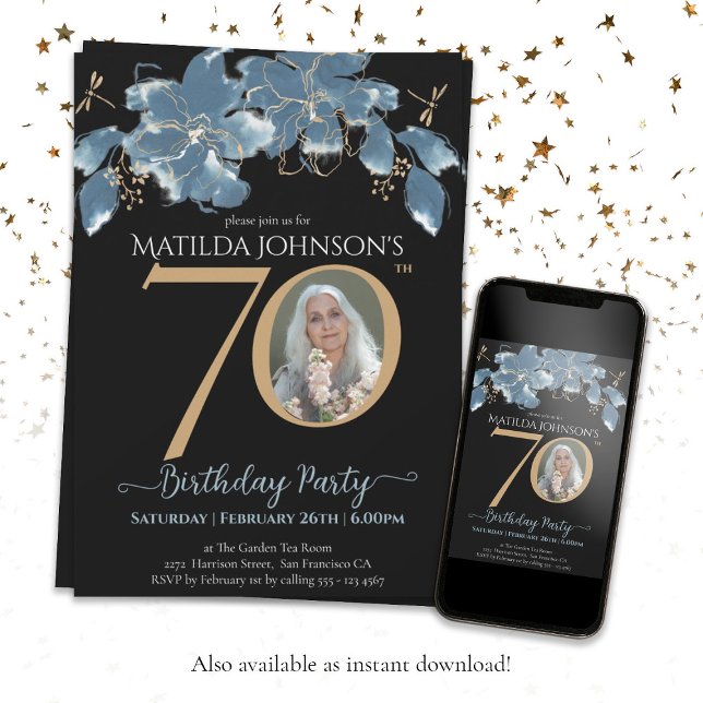 Convites Azul Floral Azul Dourado Foto Personalizada 70 de  (70th Birthday Floral Blue Black Gold Custom Photo Invitation)