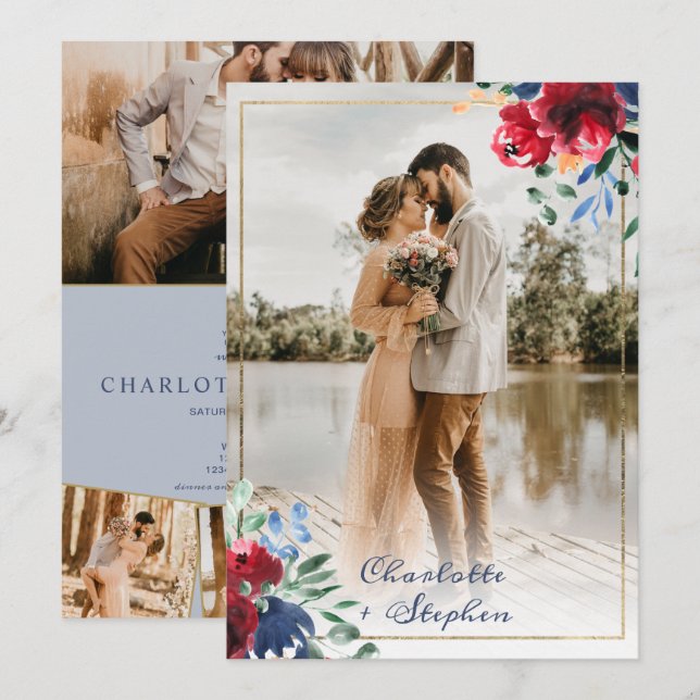 Convites Azul floral azul Elegante 5 fotos casamento (Frente/Verso)