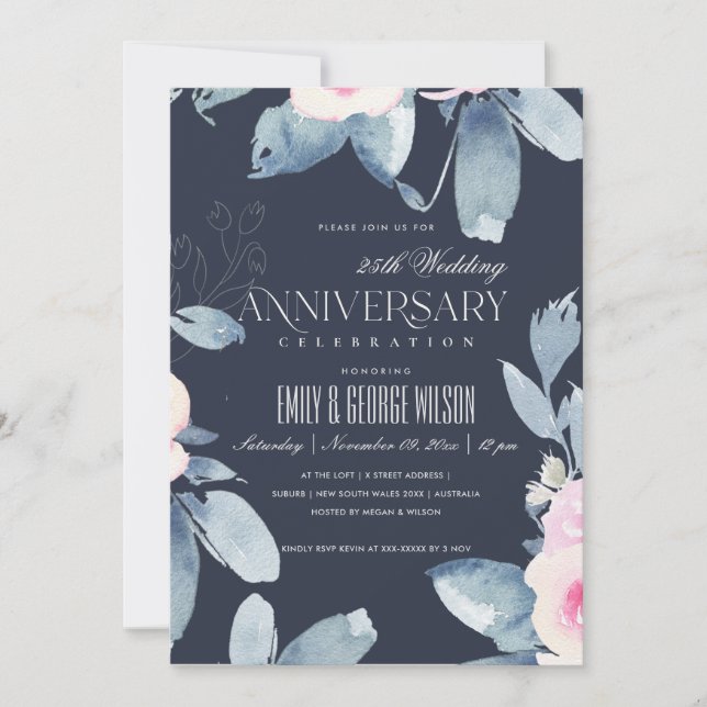 CONVITES AZUL FLORAL BEGE MARINHO ANIVERSÁRIO DE 25 ANOS (Frente)
