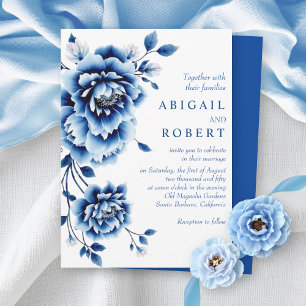 Convites Azul floral Chinoiserie flores de peônia casamento