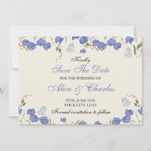 Convites Azul Floral de Ervilha Doce e Creme Salvar a Data