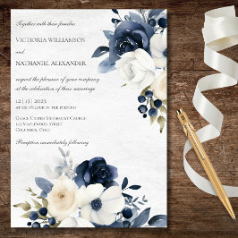 Convites Azul Floral de Inverno em Casamento Branco Mármore