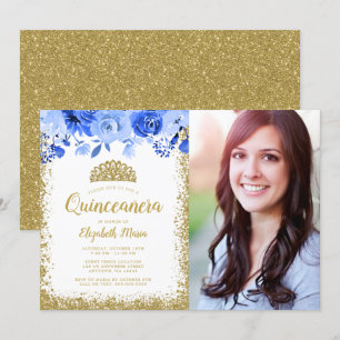 Convites Azul Floral Dourada Glitter Tiara Quinceane Foto