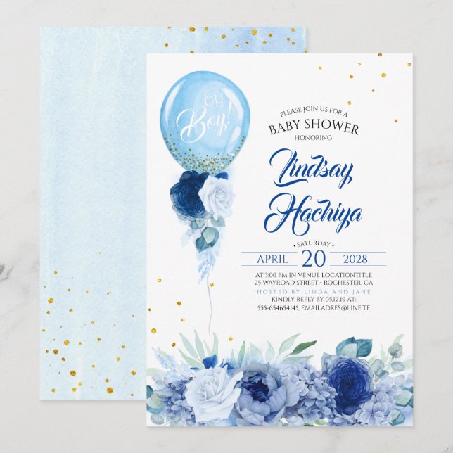 Convites Azul Floral Dourado - Chá de fraldas do Balão (Frente/Verso)
