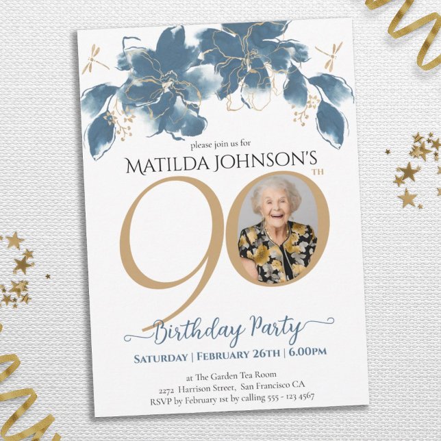 Convites Azul Floral Dourado Foto Personalizada 90 de Anive (Floral Blue Gold Custom Photo 90th Birthday Invitation)