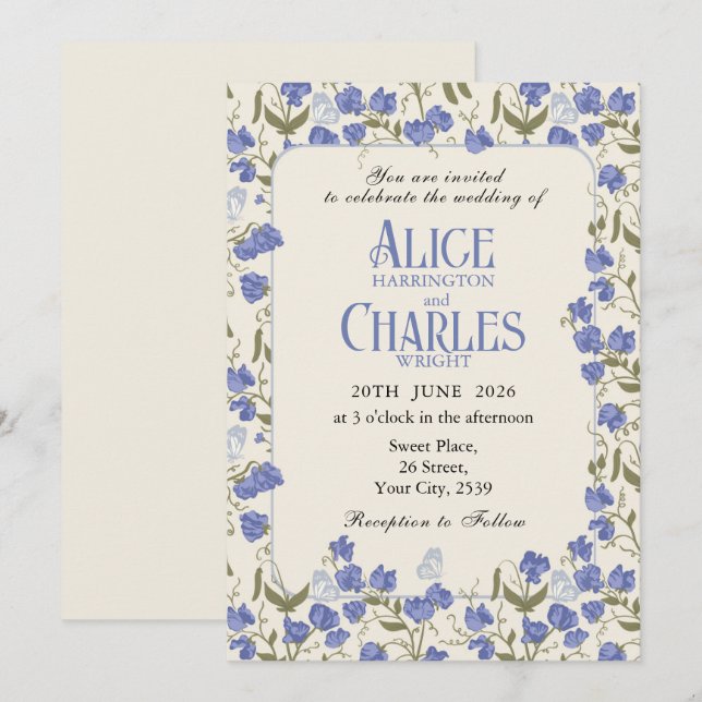 Convites Azul Floral e Creme de Ervilha Doce (Frente/Verso)