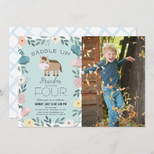 Convites Azul Floral Garden Horse Boy Foto Aniversário