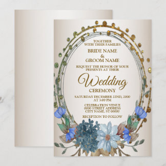 Convites Azul Floral Geométrico Vintage Dourado Casamento