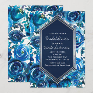 Convites Azul Floral Índigo Flores Elegante Chá de Noiva