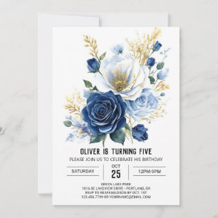 Convites Azul-Floral Marinho Pastel Aniversário