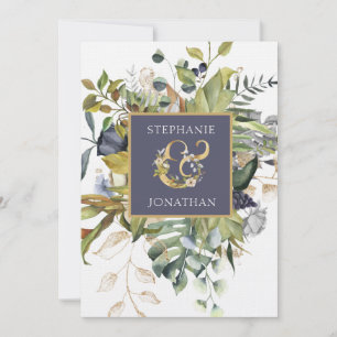 Convites Azul Floral Moderno e Verde w Casamento Ampersand