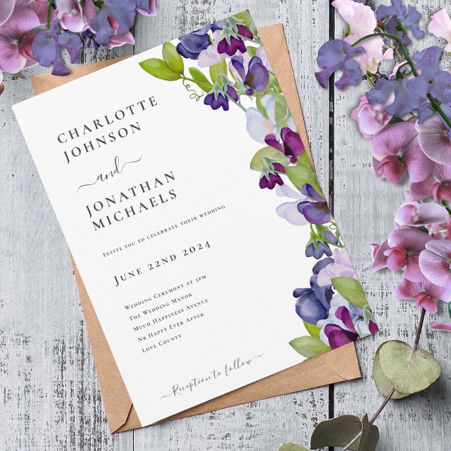 Convites Azul Floral Moderno Elegante (Modern sweetpea blue burgundy pink wedding invitation boho chic watercolor floral)