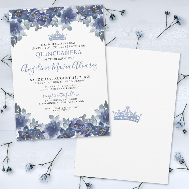 Convites Azul Floral Quinceanera (Elegant Floral Blue Quinceanera Invitation)