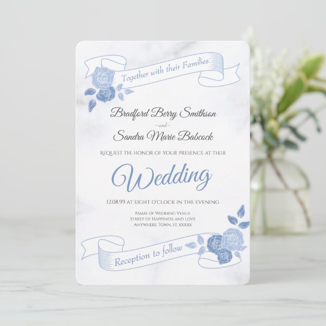 Convites Azul Floral Simples Casamento Branco Marmortal Em (Em pé/Frente)
