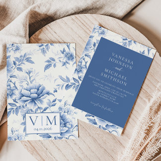 Convites Azul Floral Toile De Jouy Branco