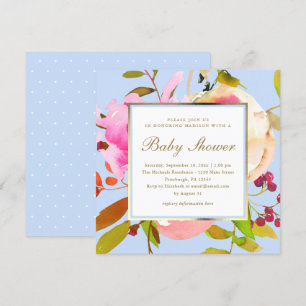 Convites Azul Floral Watercolor com Chá de fraldas de Ponto