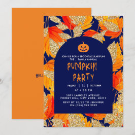 Convites Azul | Folhas de Brilho Falso Modernas de Hallowee