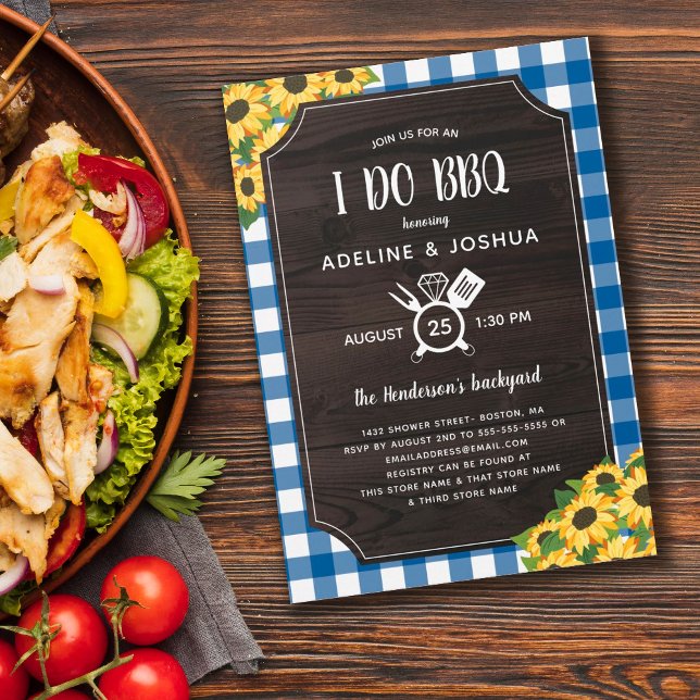 Convites Azul Gingham Girassóis I Do CHURRASCO Chá (Criador carregado)