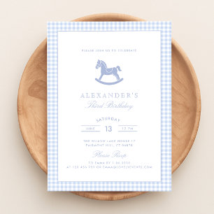 Convites Azul Gingham Rocking Horse Boy Birthday