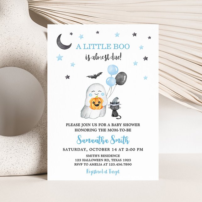 Convites Azul Halloween Um Pequeno Chá de fraldas Boo (Boy Ghost Baby Shower Invitation)