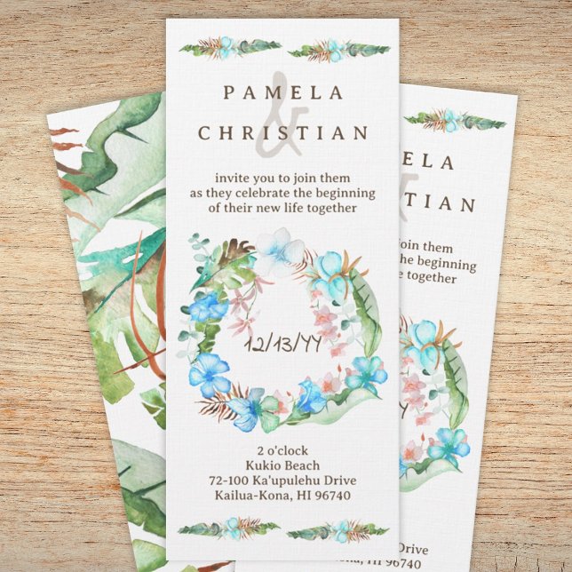 Convites Azul Hibiscus Tropical Wreath Invasão (Tropical natural light green, blue beach wedding, Hawaiian wedding invitation, hibiscus, monstera)