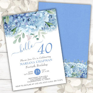 Convites Azul Hydrangeas Watercolor aniversário de 40 anos 