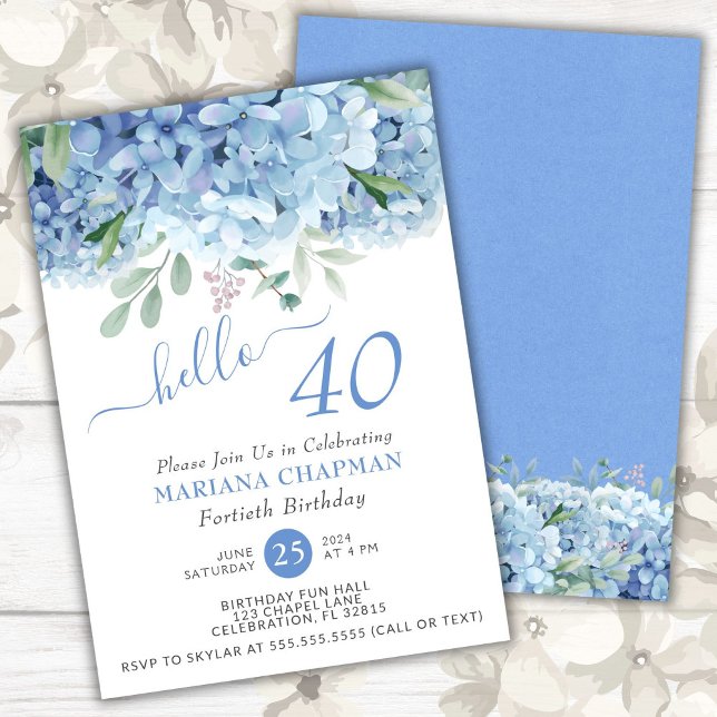 Convites Azul Hydrangeas Watercolor aniversário de 40 anos  (Criador carregado)