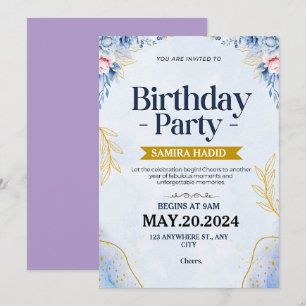 Convites Azul Ilustrativo Floral Aniversário