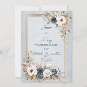Convites Azul Índigo Branco Dourado Floral Inverno Elegante