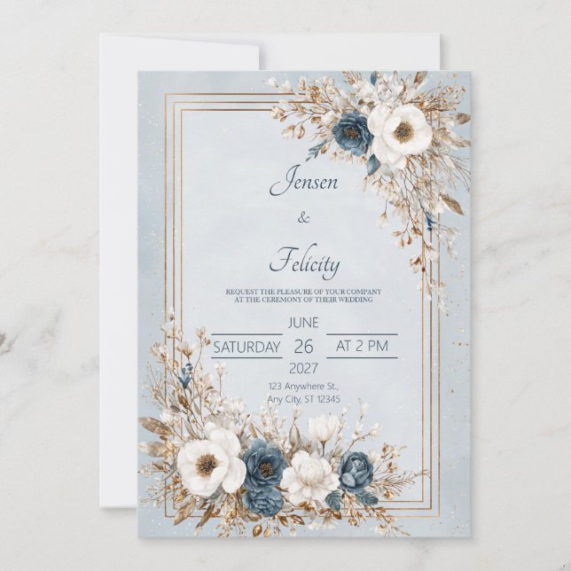 Convites Azul Índigo Branco Dourado Floral Inverno Elegante (Frente)