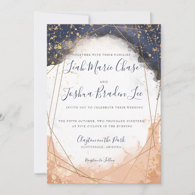 Convites Azul-índio moderno e Rosa Faux Dourado (Frente)