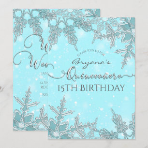 Convites Azul Inverno Encantado Flocos de Neve Quiceañera