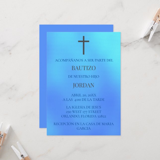 Convites Azul Invitación de bautizo (Frente/Verso In Situ)