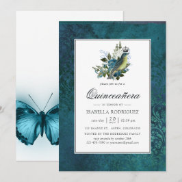 Convites Azul Iridescente Vintage Quinceañera Selvagem da F