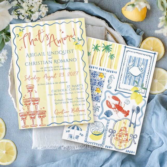 Convites Azul-limão italiano que é Casamento Desenhado à Mã (Colorful unique trendy That's Amore Love hand drawn Italian Amalfi Coast Italy wedding invitation)